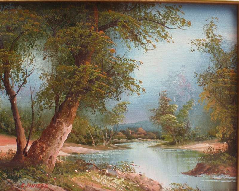 Vintage original oil painting signed C.Inness.  Beautiful little landscape on canvas - well framed