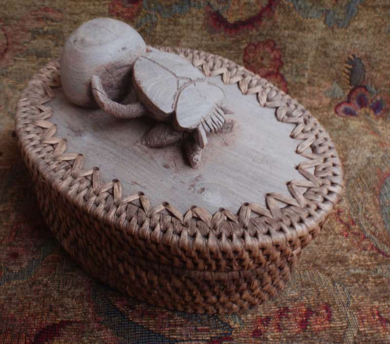 Dung Beetle or Scarab hand carved from solid piece of wood, lid for hand woven basket, Mozambique