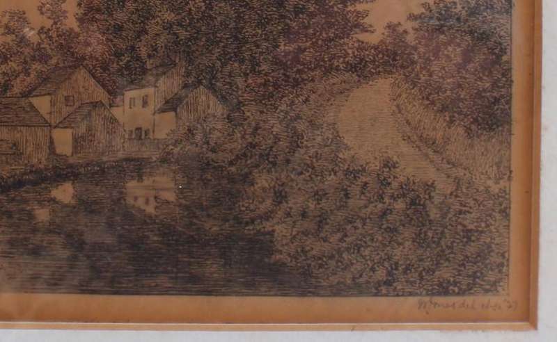 Antique ink drawing "Carreg Genner Mill, Llandilo.  Signed and dated 1927.  Historical piece.
