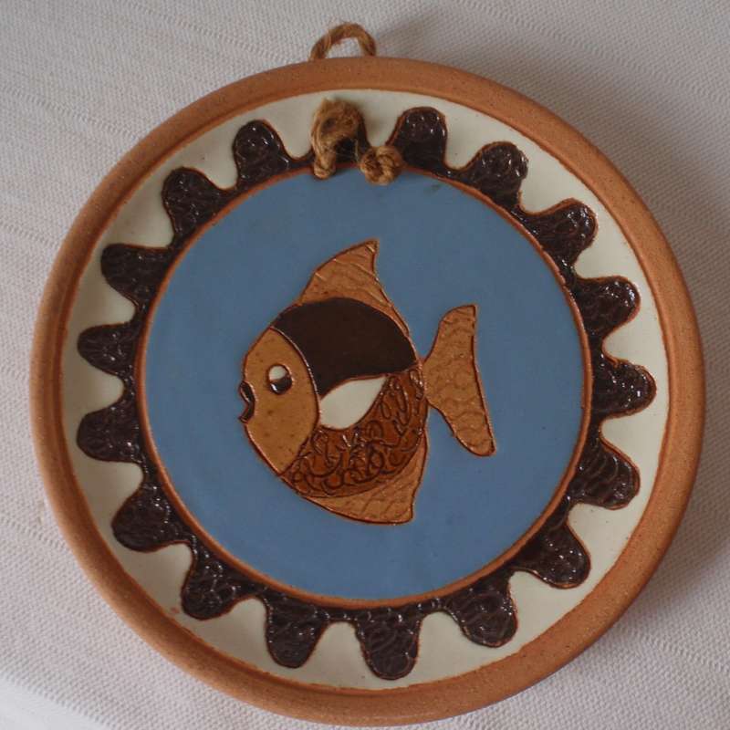 Hand crafted wall hanging Zimbabwe. Studio pottery fish design on sky blue glaze. Arty wall hanging.