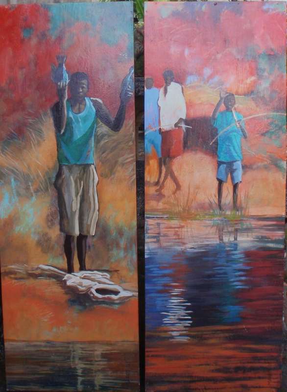 Zambezi Fishermen - pair of originals. Vibrant paintings, making an incredible statement. Signed