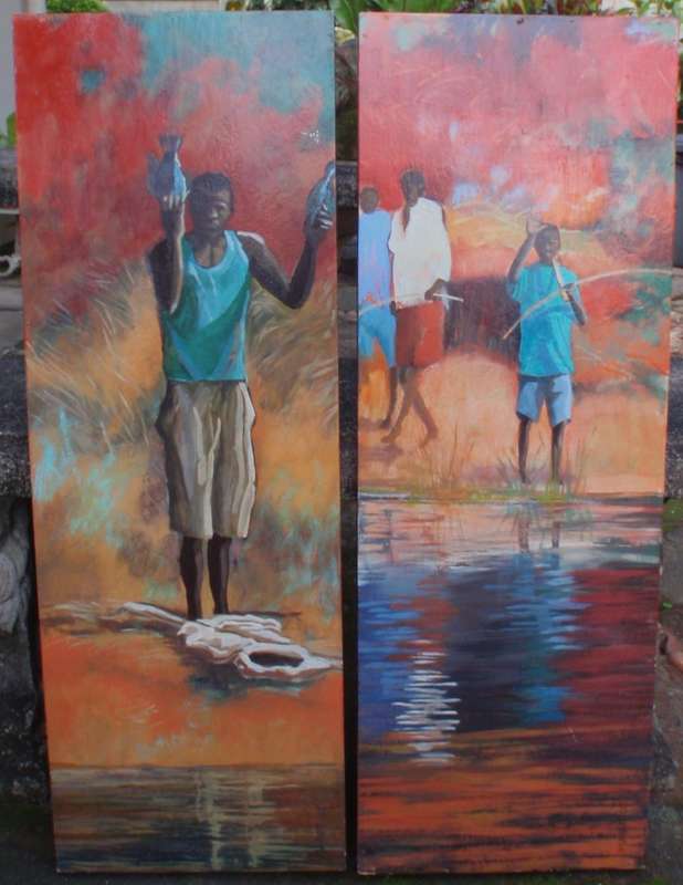 Zambezi Fishermen - pair of originals. Vibrant paintings, making an incredible statement. Signed