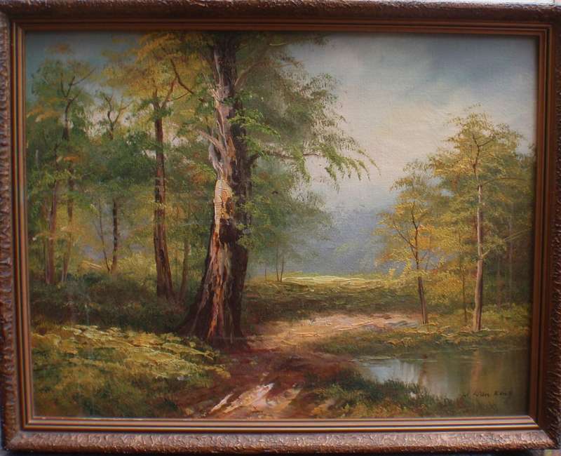 Original oil painting - impressionist forest scene. In ornate deep gilded frame. Signed.