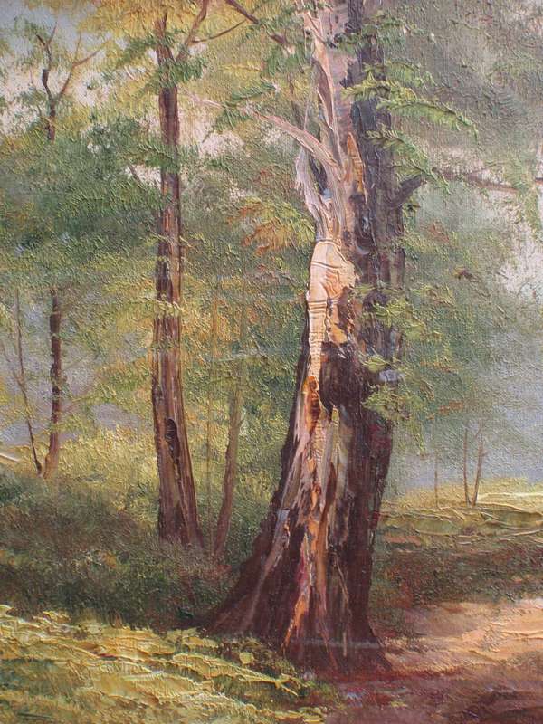 Original oil painting - impressionist forest scene. In ornate deep gilded frame. Signed.