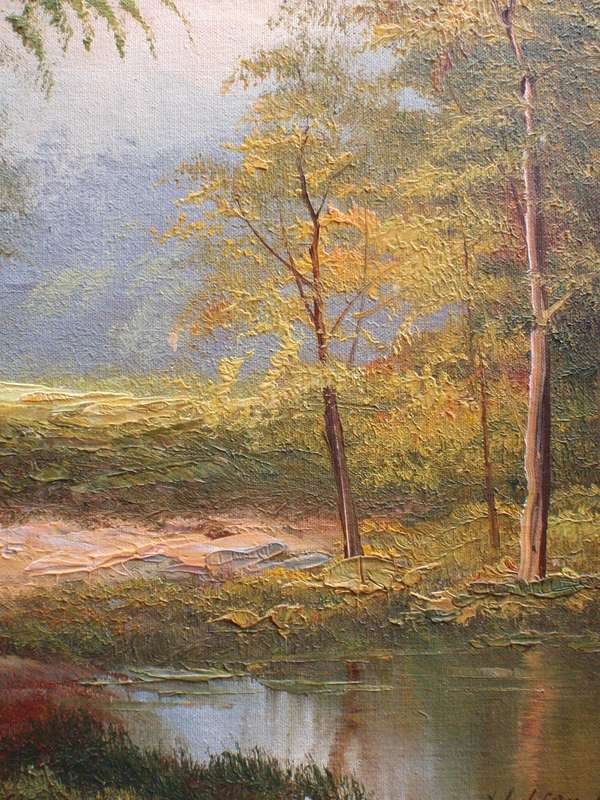 Original oil painting - impressionist forest scene. In ornate deep gilded frame. Signed.