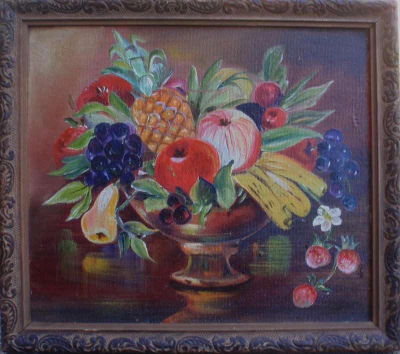 Vintage fruit still life in original carved vintage wood frame. Provincial kitchen decor delight.