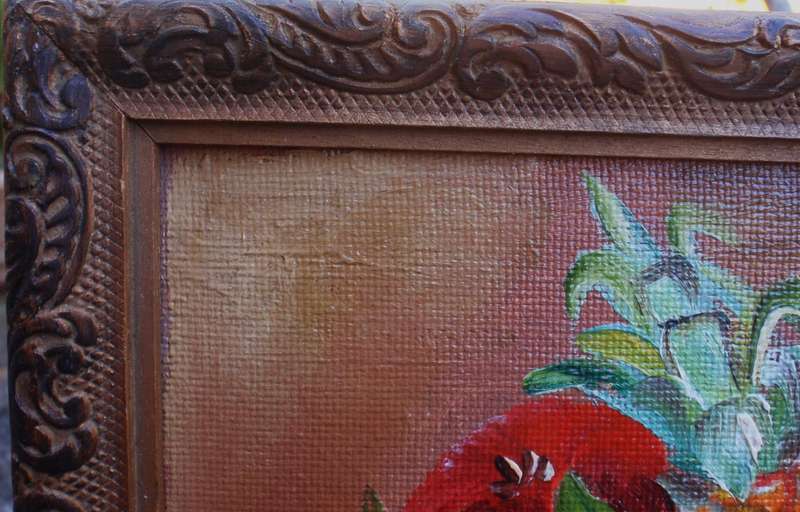 Vintage fruit still life in original carved vintage wood frame. Provincial kitchen decor delight.
