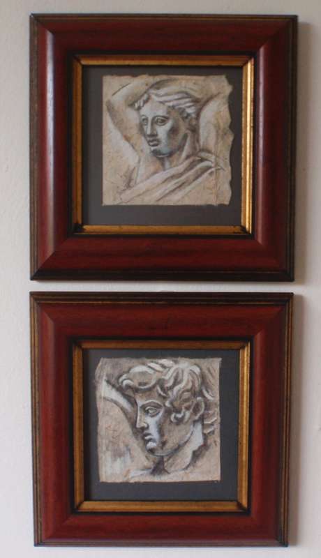 Original drawings on hand made paper of Greek Statues. Gorgeous chunky frames. Fabulous pair.