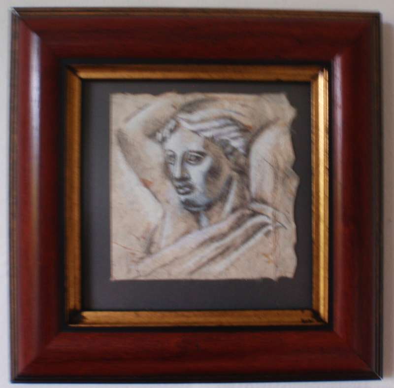 Original drawings on hand made paper of Greek Statues. Gorgeous chunky frames. Fabulous pair.