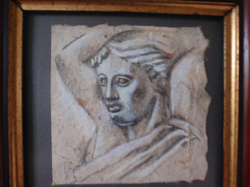 Original drawings on hand made paper of Greek Statues. Gorgeous chunky frames. Fabulous pair.