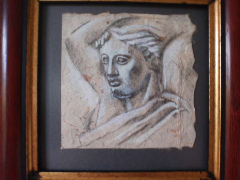Original drawings on hand made paper of Greek Statues. Gorgeous chunky frames. Fabulous pair.