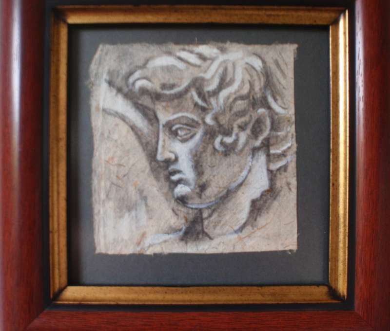 Original drawings on hand made paper of Greek Statues. Gorgeous chunky frames. Fabulous pair.