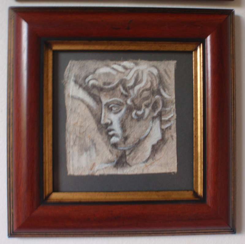 Original drawings on hand made paper of Greek Statues. Gorgeous chunky frames. Fabulous pair.