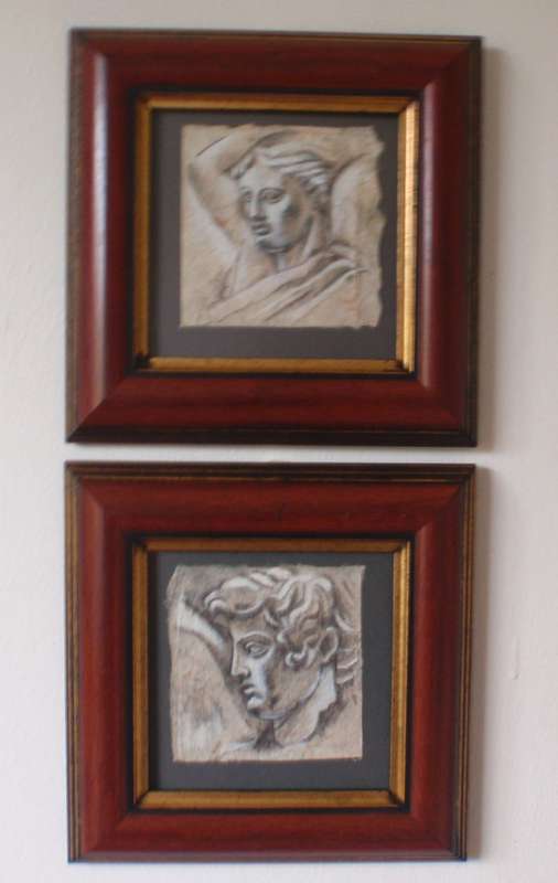 Original drawings on hand made paper of Greek Statues. Gorgeous chunky frames. Fabulous pair.