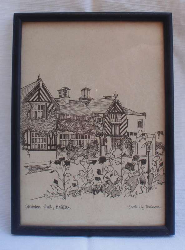 Vintage ink sketch of Shibden Hall, Halifax, signed Sarah Kay Tomlinson.  Beautiful detail