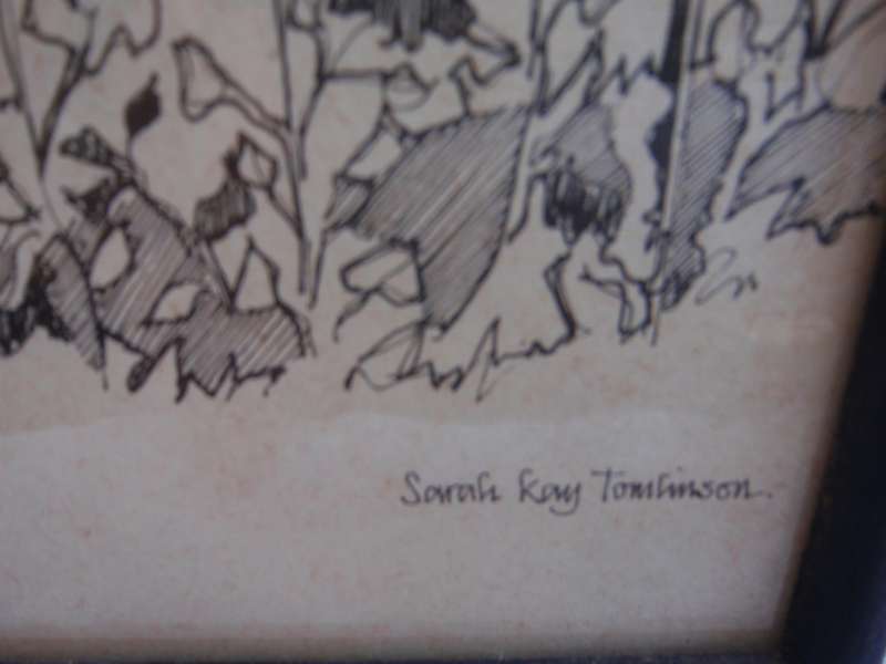 Vintage ink sketch of Shibden Hall, Halifax, signed Sarah Kay Tomlinson.  Beautiful detail