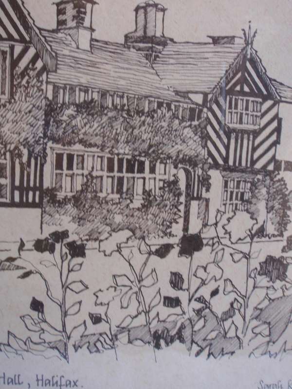 Vintage ink sketch of Shibden Hall, Halifax, signed Sarah Kay Tomlinson.  Beautiful detail