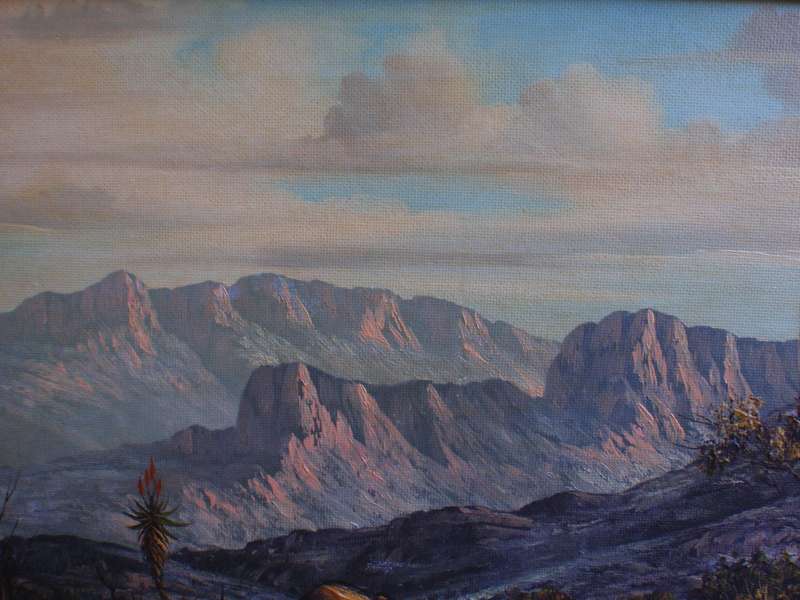 South African investment art Hentie Meyer. Listed artist Strauss & Co. Magnificent mountainscape.