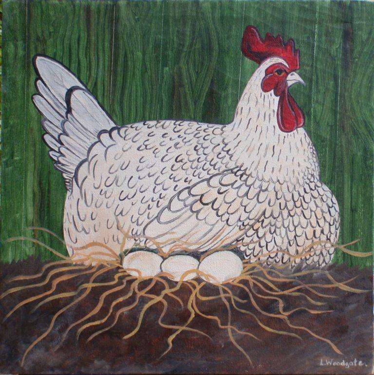 Two original paintings  by L.Woodgate.  Hens and chicks. Kitchen art decor.
