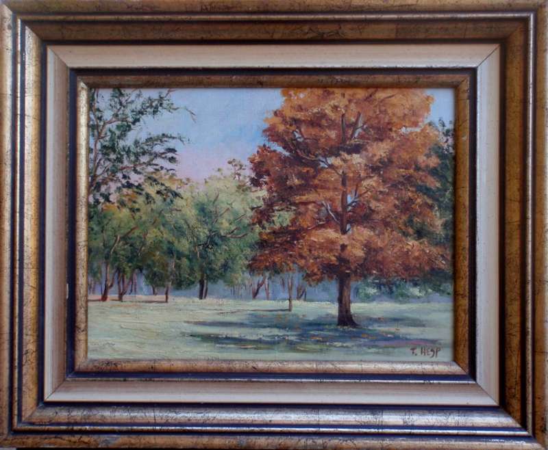 Original oil painting  T. Hesp.  Beautiful landscape in substancial  frame.