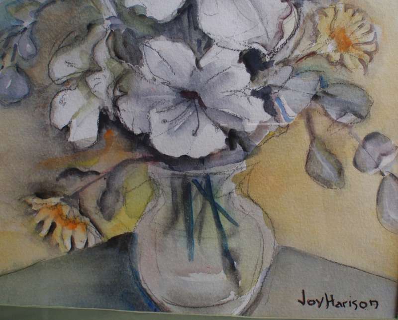 Vintage original watercolour by Joy Harison. White Hibiscus. Beautiful still life piece.