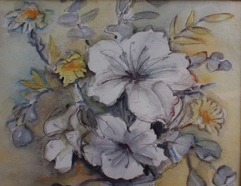 Vintage original watercolour by Joy Harison. White Hibiscus. Beautiful still life piece.