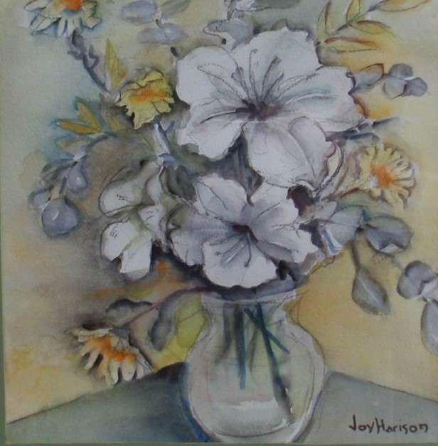 Vintage original watercolour by Joy Harison. White Hibiscus. Beautiful still life piece.