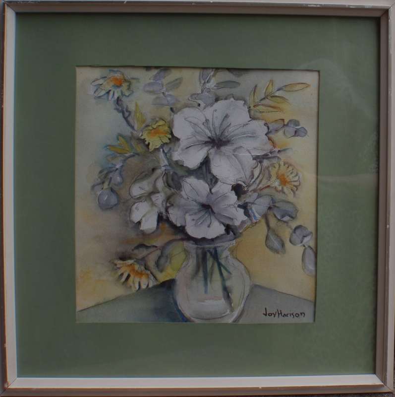 Vintage original watercolour by Joy Harison. White Hibiscus. Beautiful still life piece.