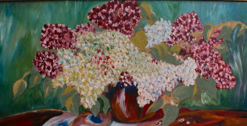 Stunning large original oil Hydrangeas in vintage frame. Vibrant arty piece.
