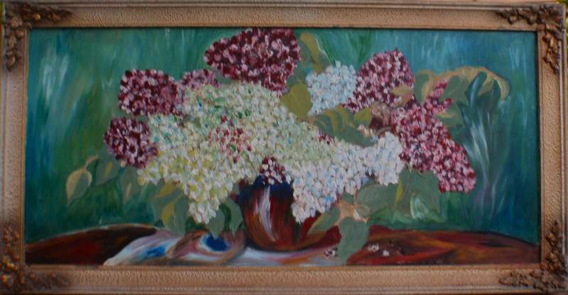 Stunning large original oil Hydrangeas in vintage frame. Vibrant arty piece.