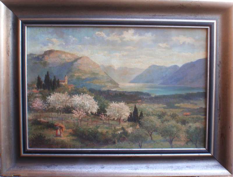 Beautiful antique oil painting of Springtime with blossoming trees - lovely detail. A real gem.