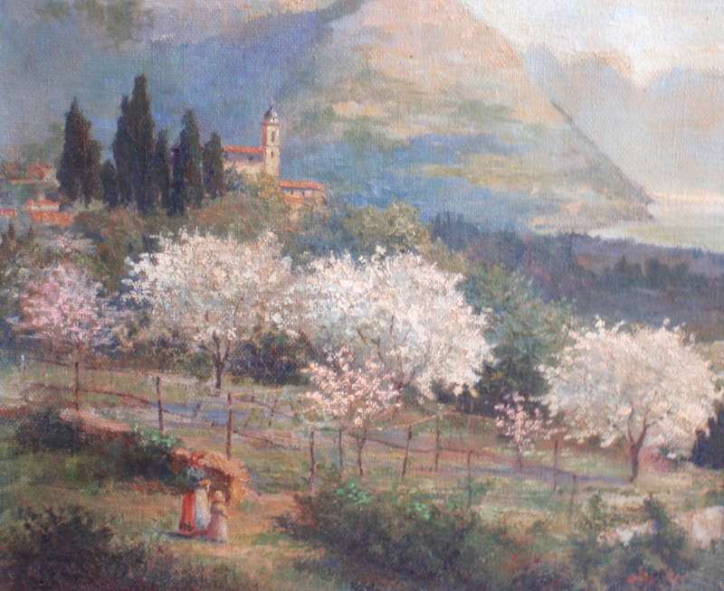 Beautiful antique oil painting of Springtime with blossoming trees - lovely detail. A real gem.