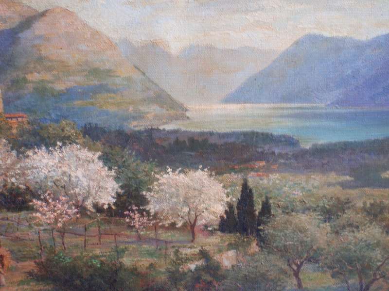 Beautiful antique oil painting of Springtime with blossoming trees - lovely detail. A real gem.