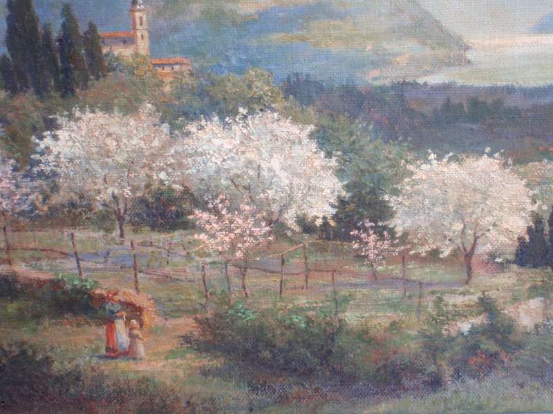 Beautiful antique oil painting of Springtime with blossoming trees - lovely detail. A real gem.