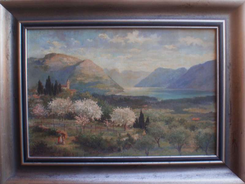 Beautiful antique oil painting of Springtime with blossoming trees - lovely detail. A real gem.