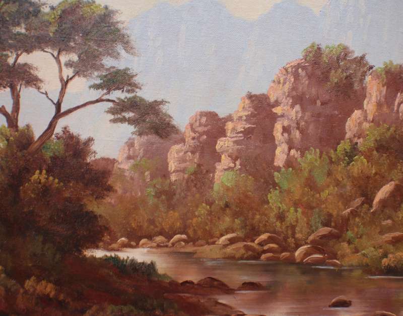Vintage original oil painting  by F.Wort. Tranquil mountain river scene. Well framed.