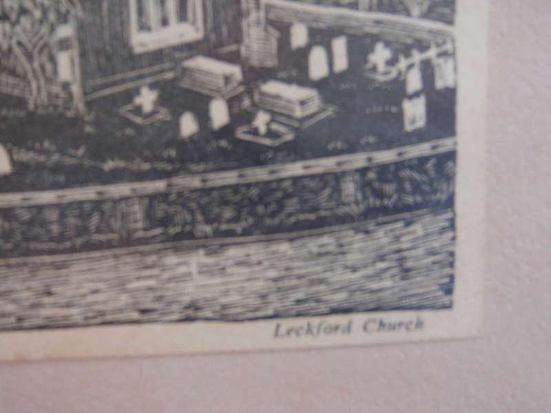 Antique etching Leckford Church. Incredible detail of this charming old church, graveyard.