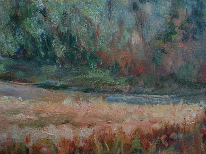 Vintage oil painting by Mary Swindell 1927-2017. Impressionist landscape reminicent of Monet.