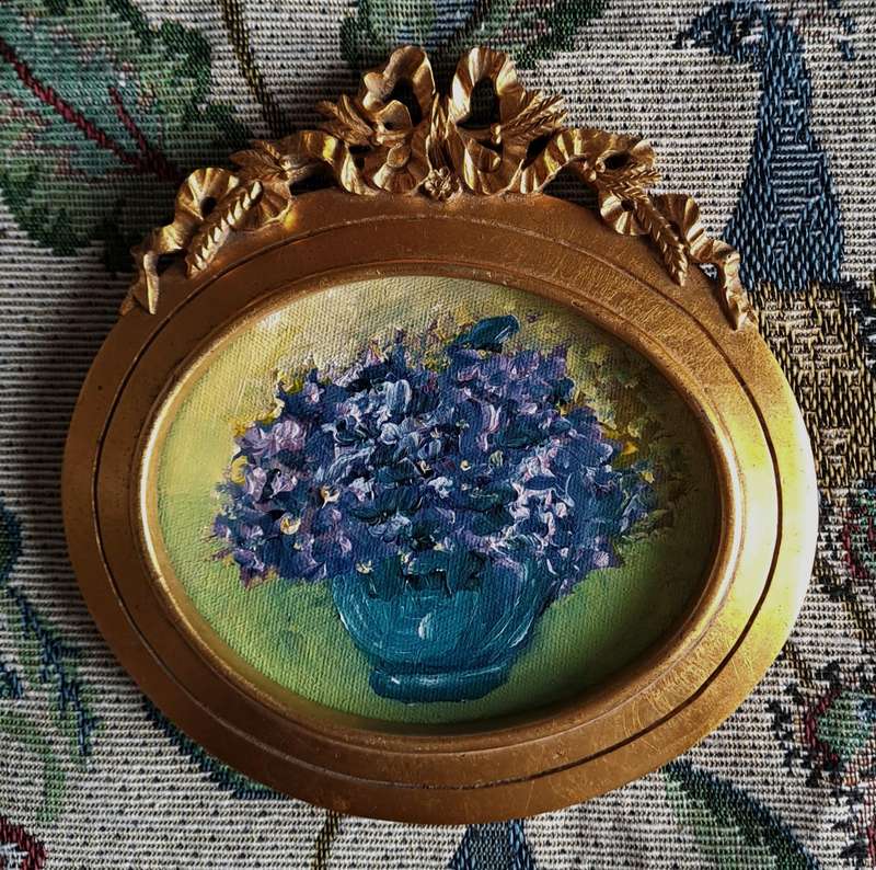Charming little original impressionist painting, in beautiful ornate gilded frame. Miniature art.