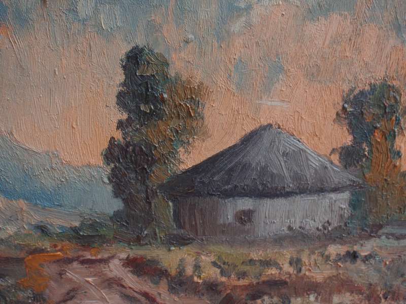 Antique original oil painting - landscape with hut and mountains. Lovely mellow impressionist piece