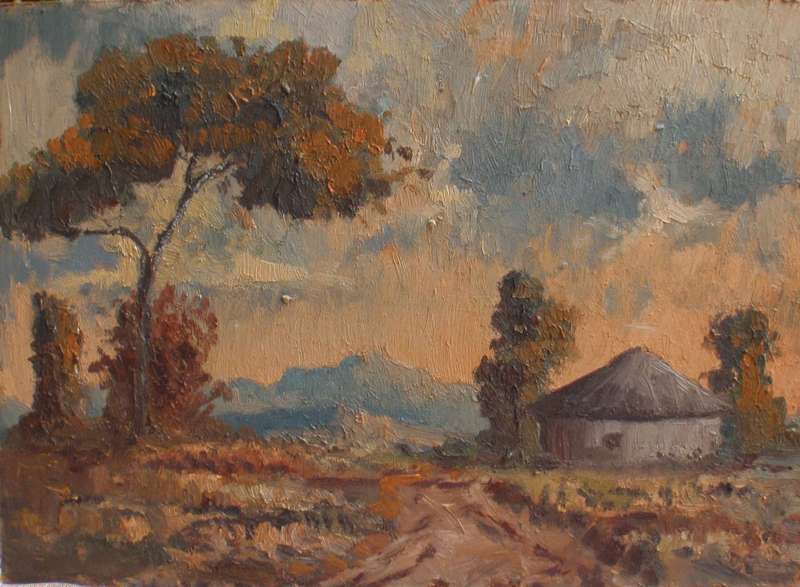 Antique original oil painting - landscape with hut and mountains. Lovely mellow impressionist piece