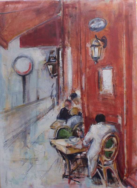Original oil painting on canvas. Fabulous impressionist, Pavement Cafe scene. Sophisticated piece.