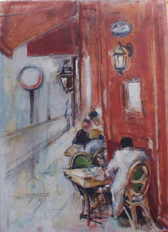 Original oil painting on canvas. Fabulous impressionist, Pavement Cafe scene. Sophisticated piece.