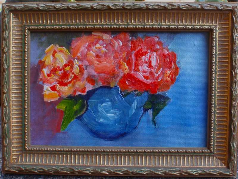 Miniature original impressionist, still life painting. In beautiful ornate gilded frame. Gorgeous!