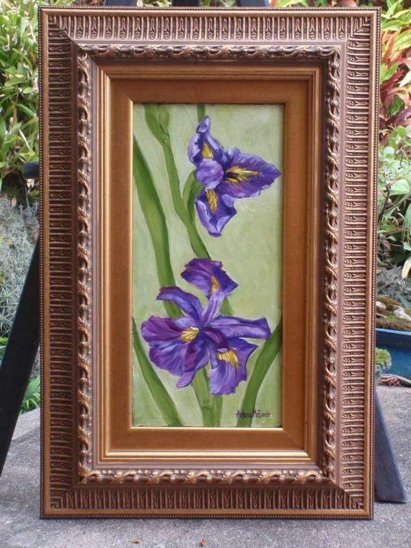 Original Arlene McDade - invest in S.African art. Purple irises in ornate gilded frame.