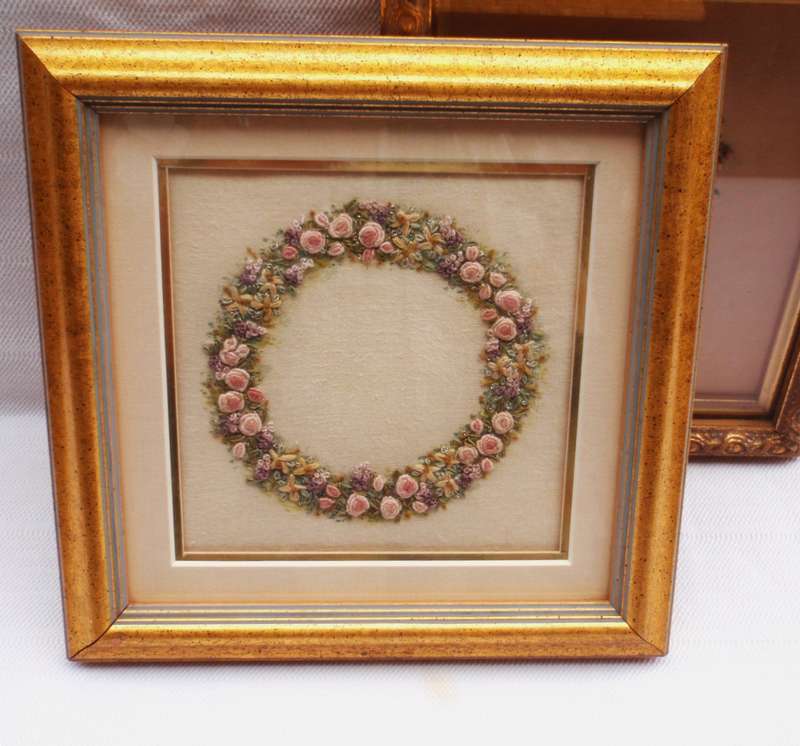 Vintage, a pair of exquisite hand embroidered, miniature rose pictures. Beautifully framed.