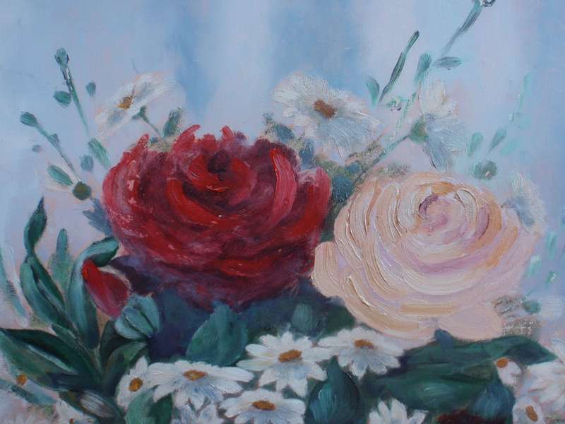 Vintage, gorgeous original old oil painting. Roses and daisies still life. Charming old piece.