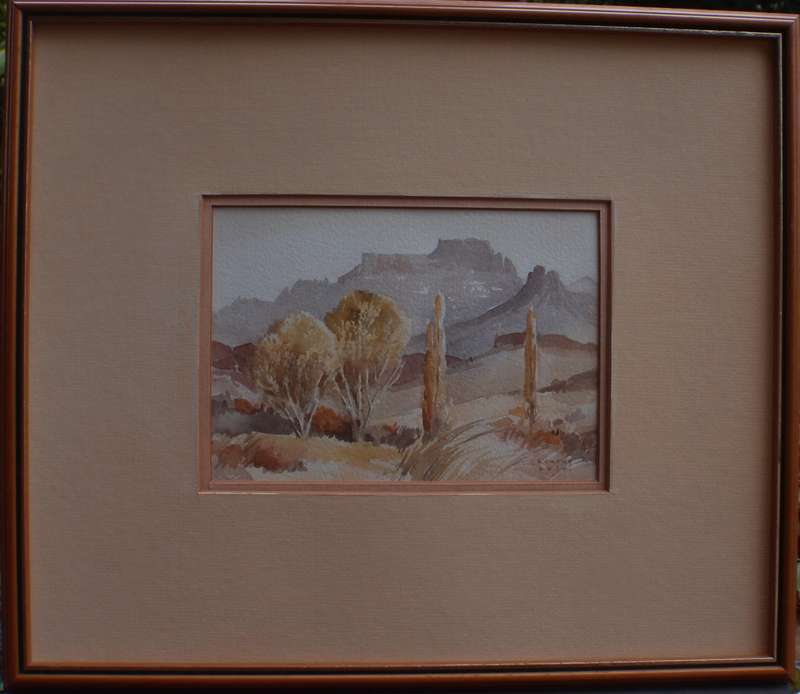 Vintage watercolour by Rowena Bush. Drakensburg Champagne Castle. Well known artist.