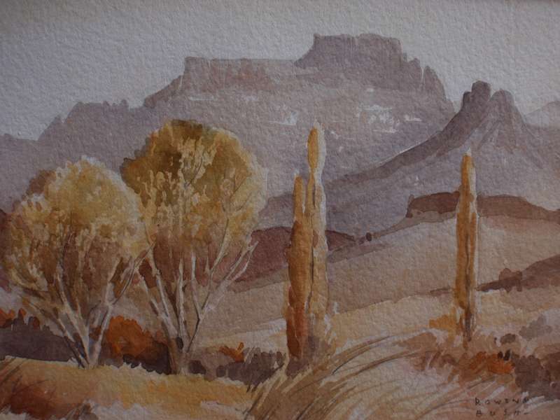 Vintage watercolour by Rowena Bush. Drakensburg Champagne Castle. Well known artist.