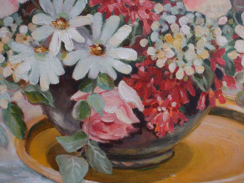 Beautiful, large original Liz Fitzhenry oil painting. Gorgeous still life of roses and daisies.
